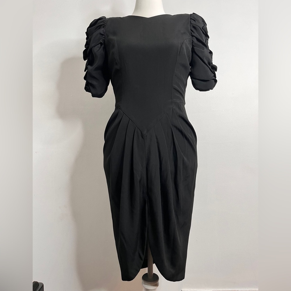 Vintage 80s Little Black Dress Statement Sleeves Open Back Knee Length Size 7/8